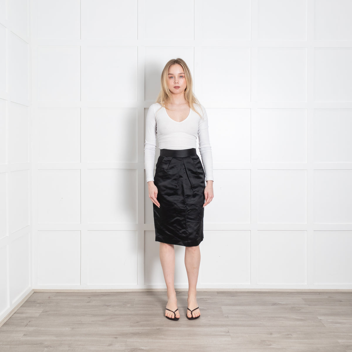 Dolce & Gabbana Black Satin Finish Front Pleat Pencil Skirt