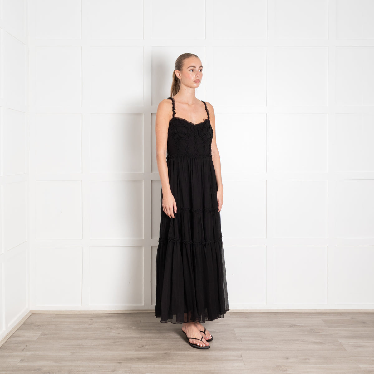 Ulla Johnson Black Silk Chiffon Strappy Maxi Dress