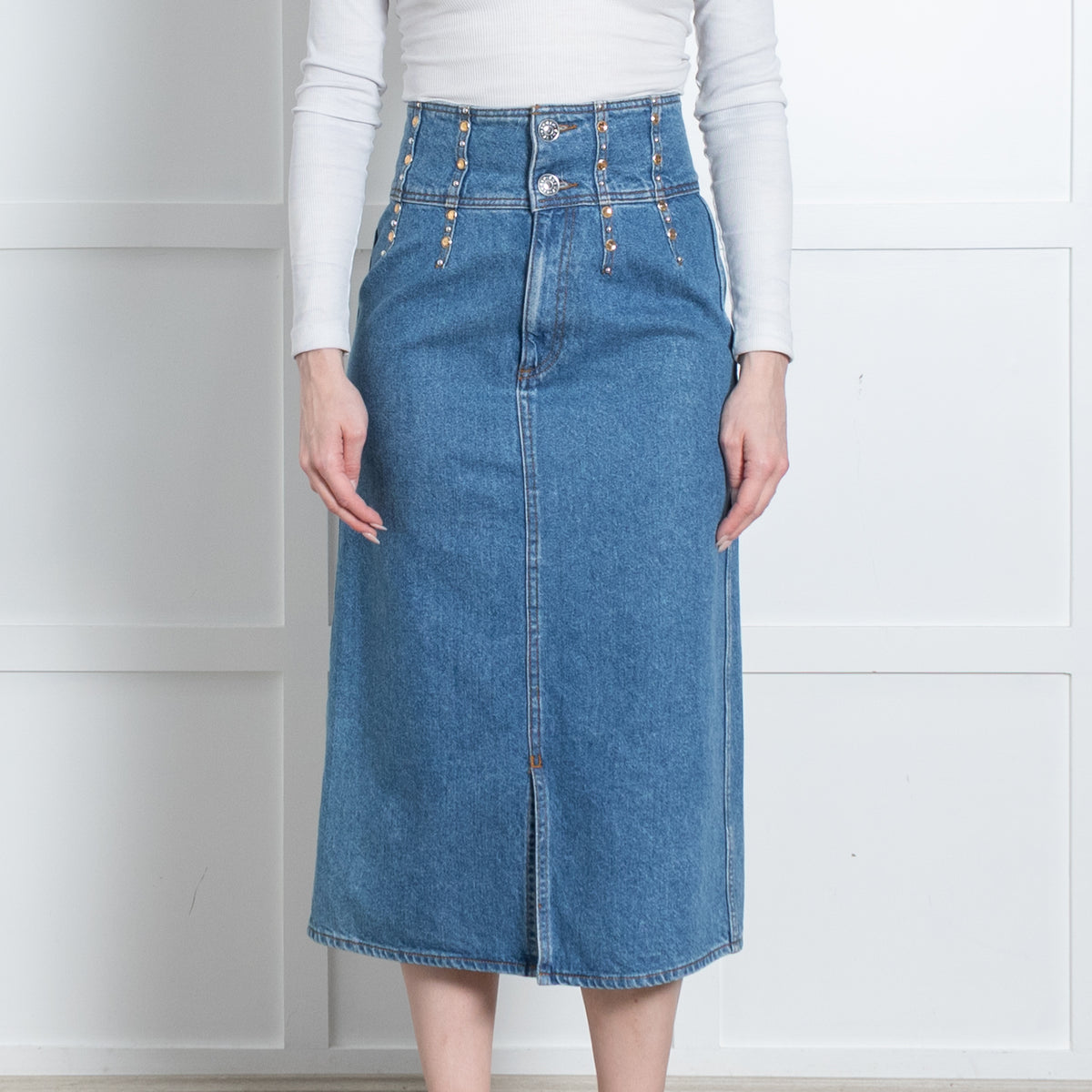 Sandro Blue Embellished Waist Denim Midi Skirt