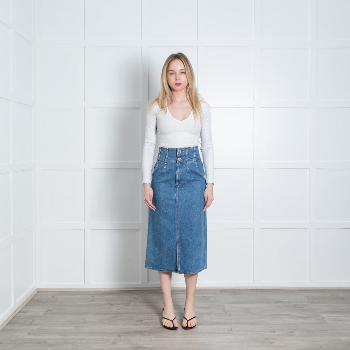 Sandro Blue Embellished Waist Denim Midi Skirt