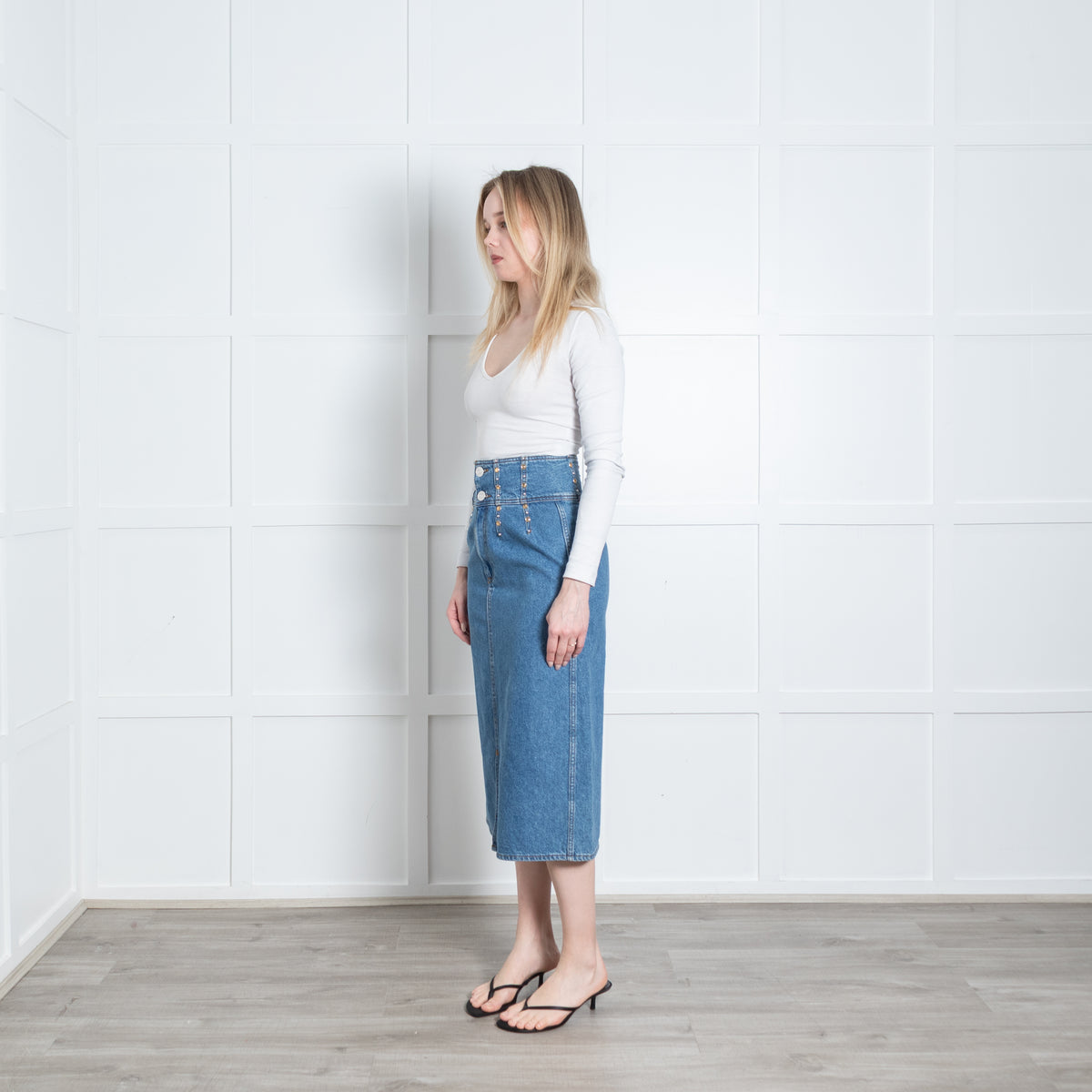Sandro Blue Embellished Waist Denim Midi Skirt