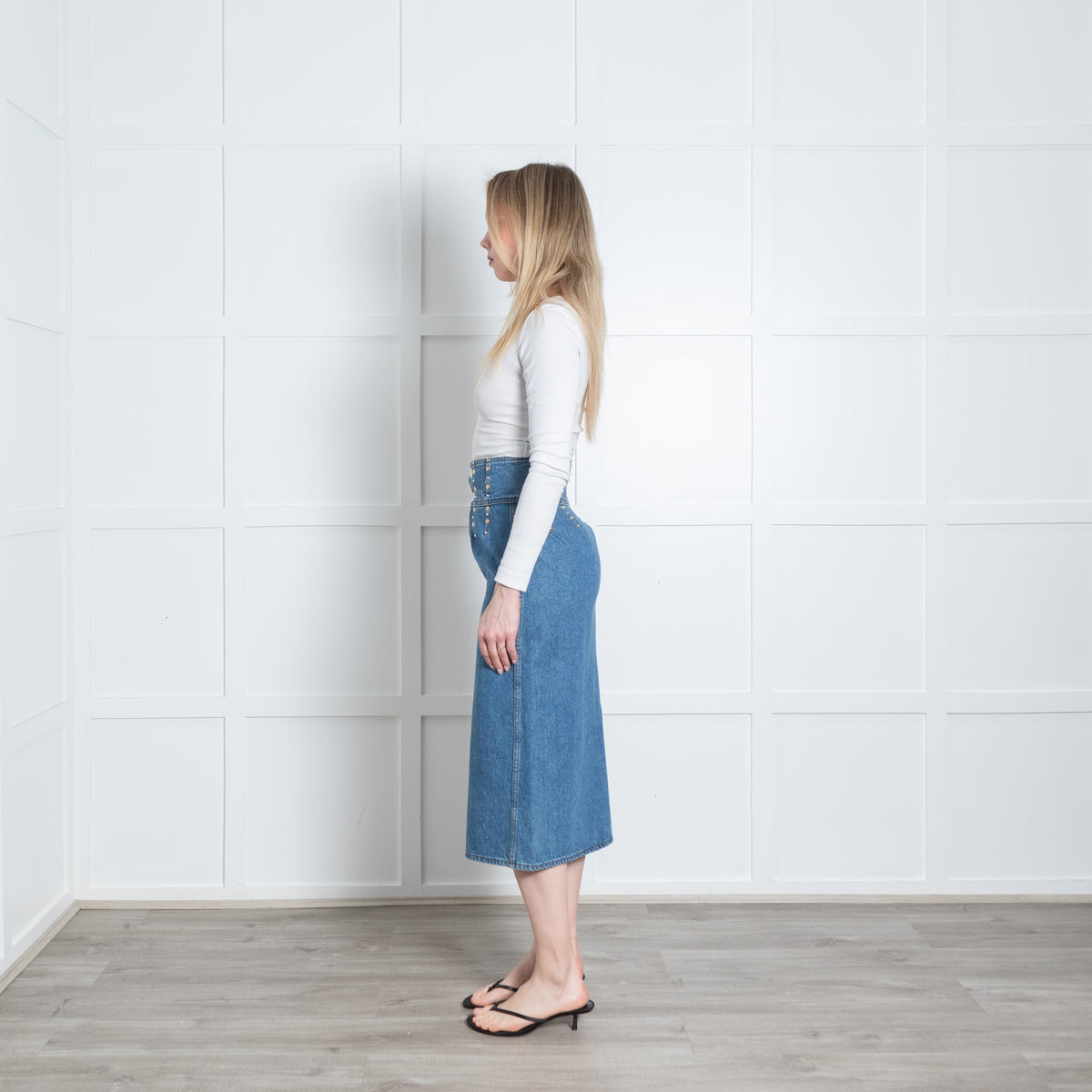 Sandro Blue Embellished Waist Denim Midi Skirt