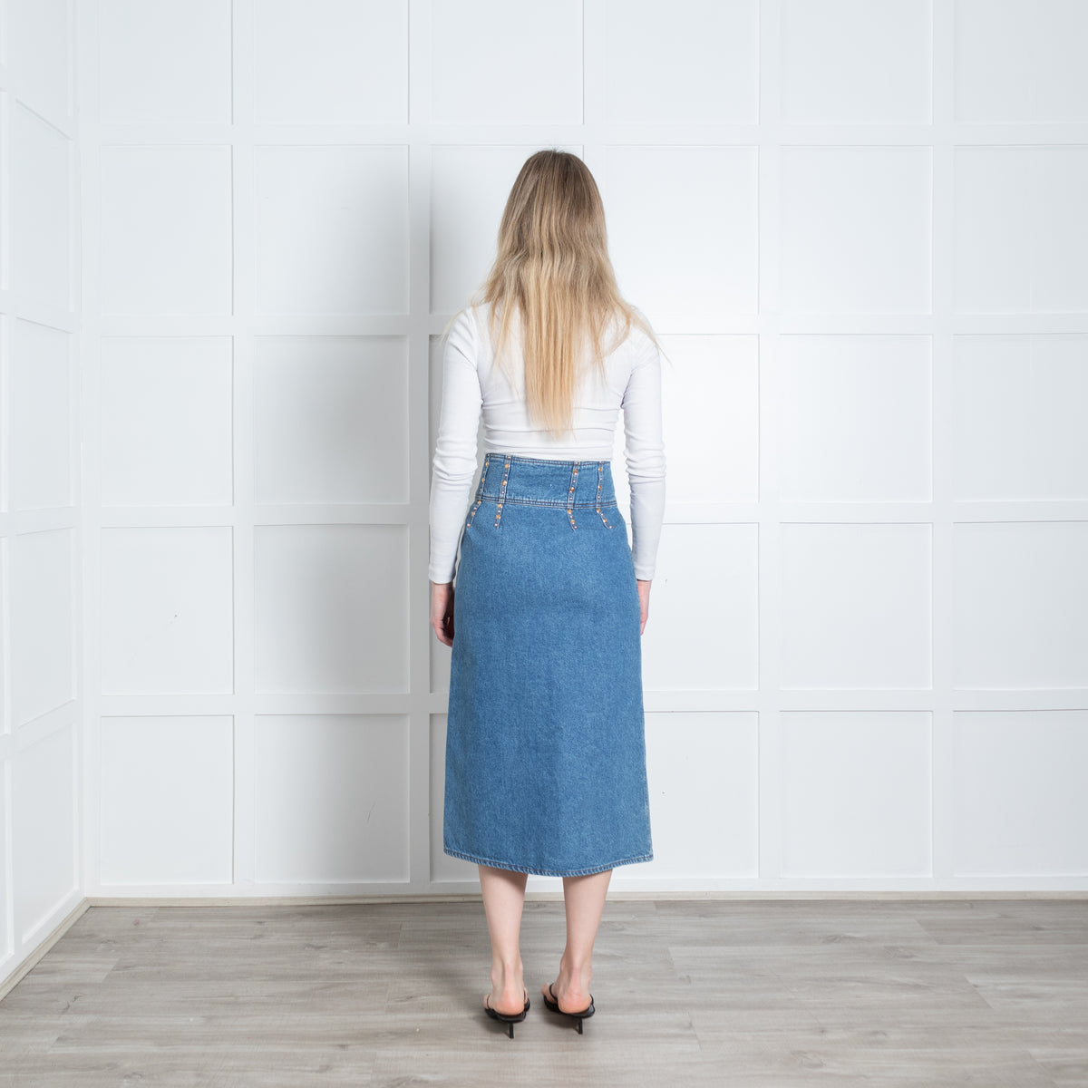 Sandro Blue Embellished Waist Denim Midi Skirt