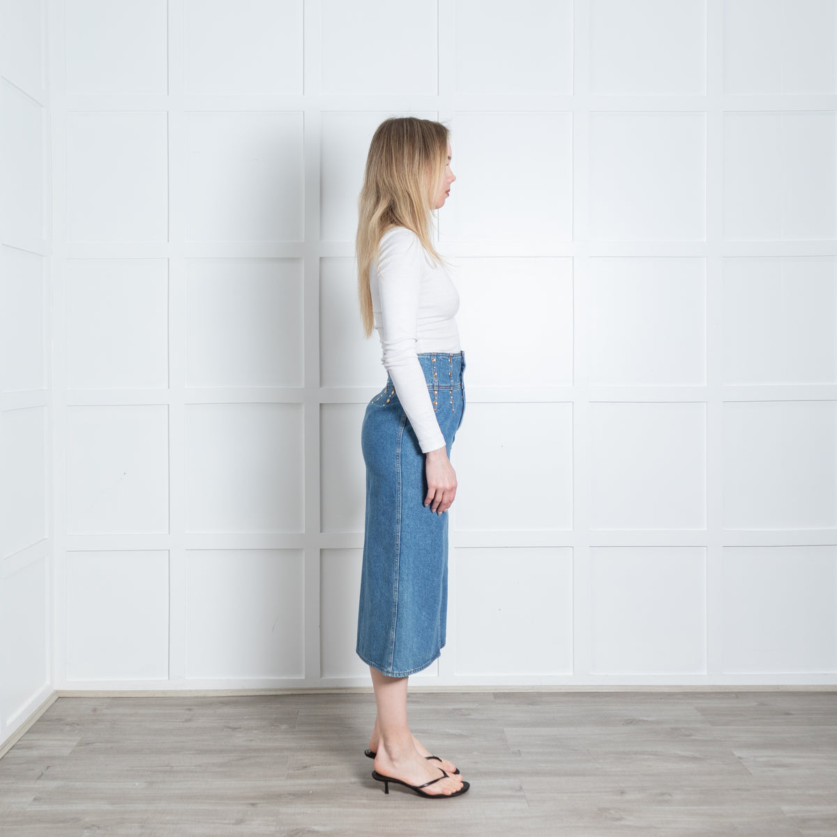 Sandro Blue Embellished Waist Denim Midi Skirt