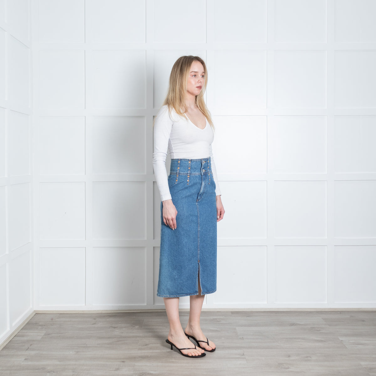 Sandro Blue Embellished Waist Denim Midi Skirt