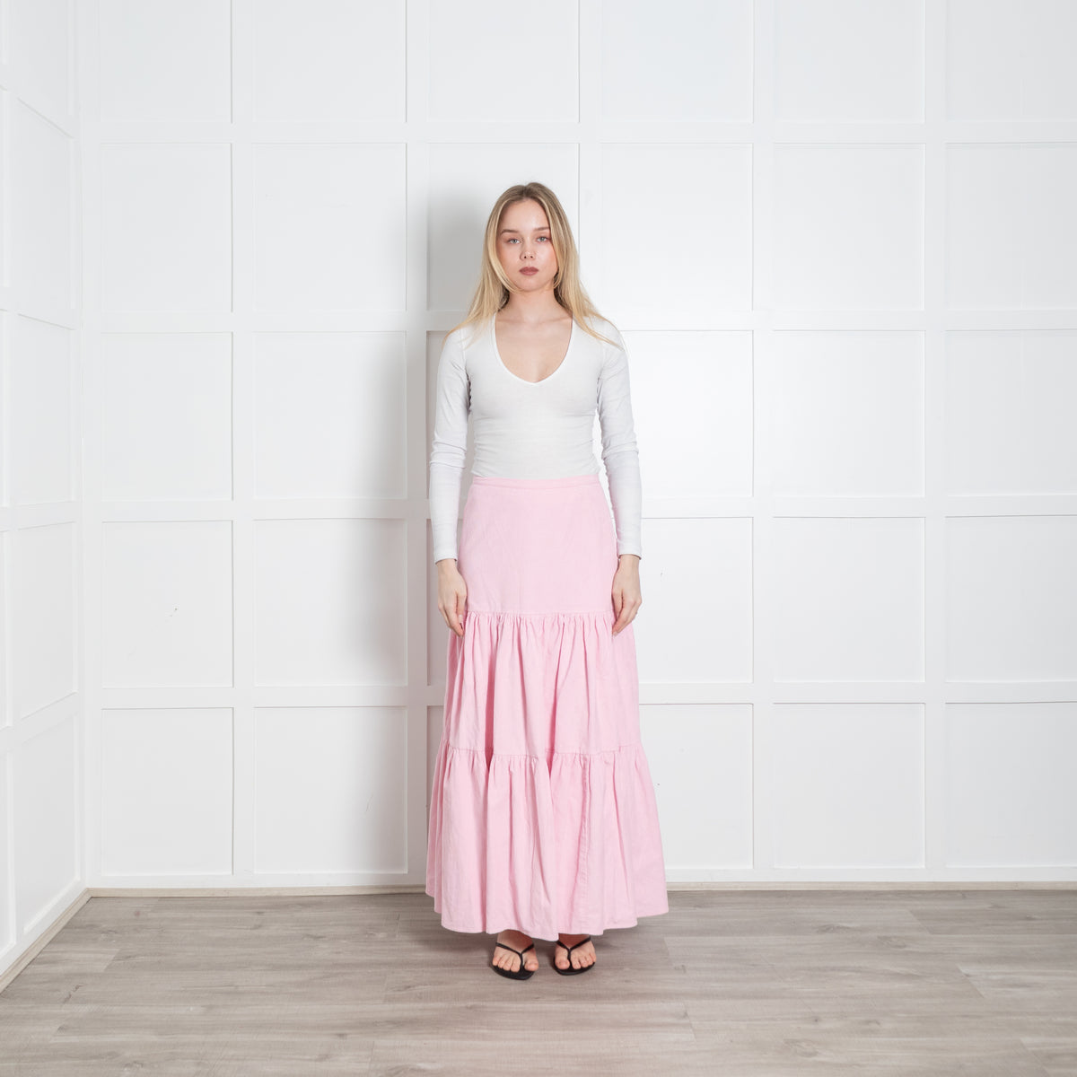 Ridley Pale Pink Needlecord Tiered Maxi Skirt
