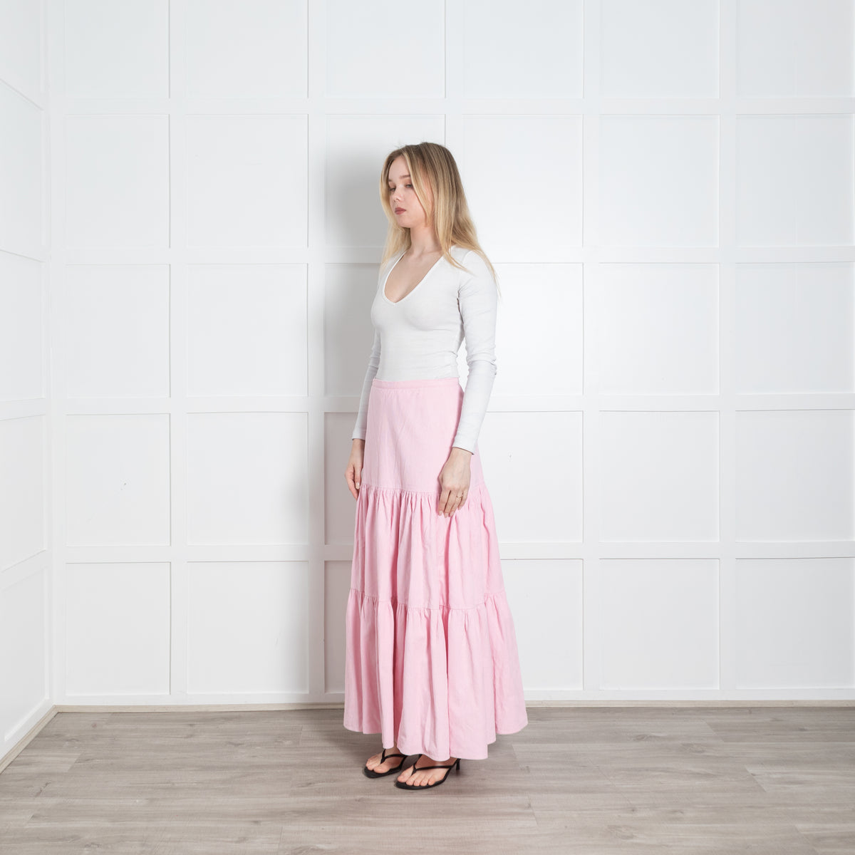 Ridley Pale Pink Needlecord Tiered Maxi Skirt