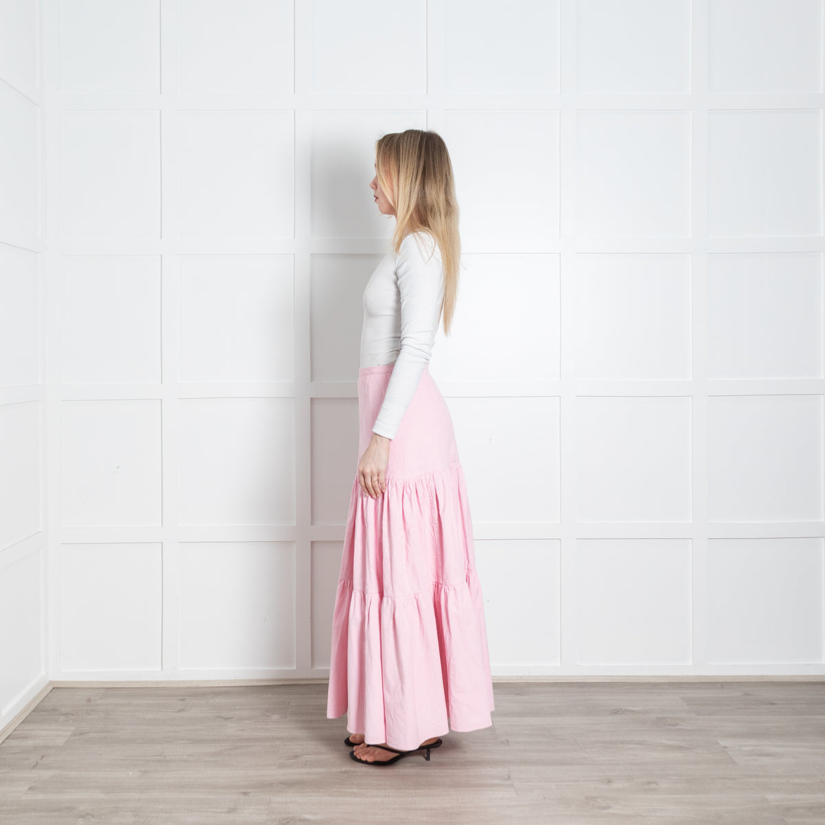 Ridley Pale Pink Needlecord Tiered Maxi Skirt