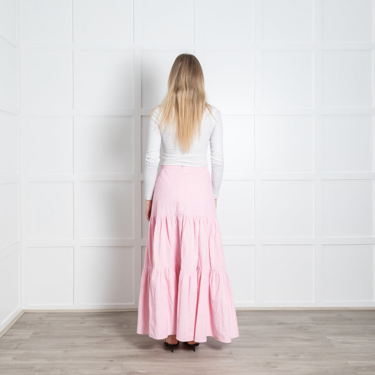 Ridley Pale Pink Needlecord Tiered Maxi Skirt