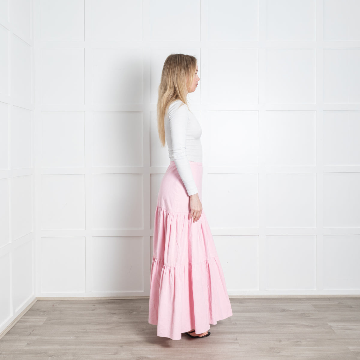 Ridley Pale Pink Needlecord Tiered Maxi Skirt