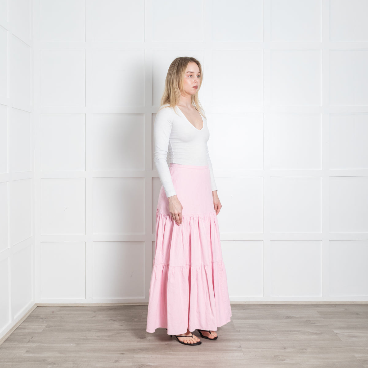 Ridley Pale Pink Needlecord Tiered Maxi Skirt