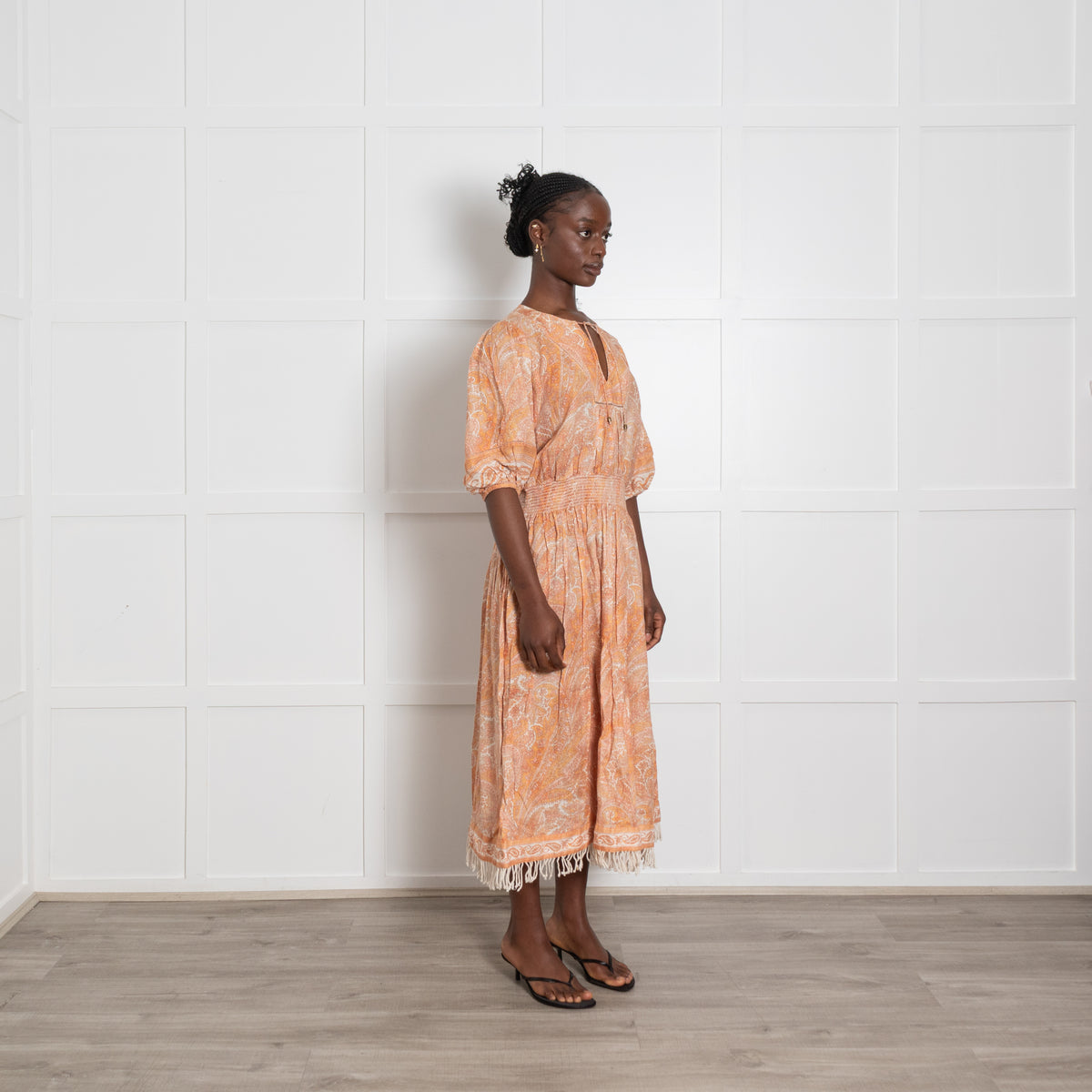 Zimmermann Orange Paisley Elasticated Midi Dress