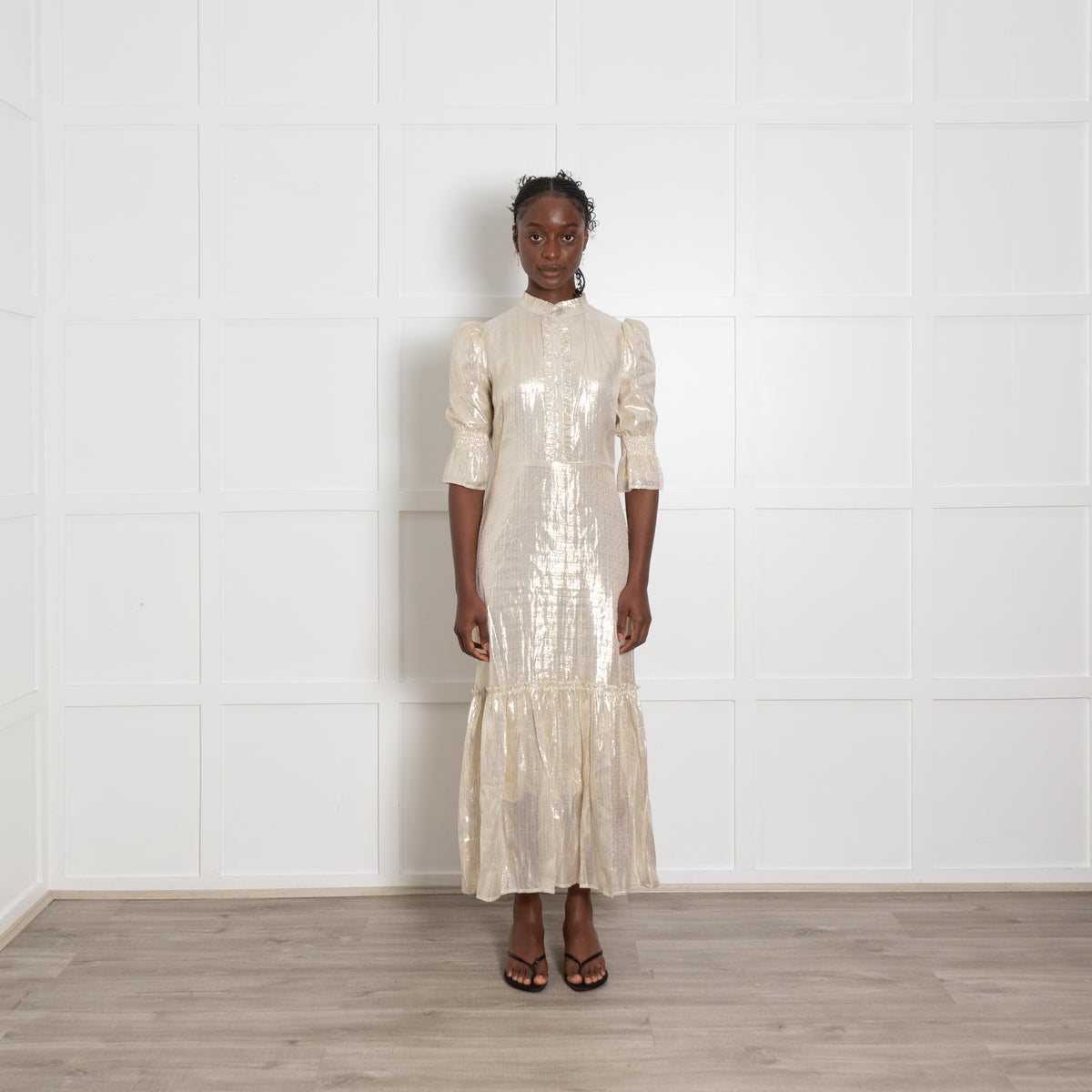 Wyse Gold Lurex Puff Sleeve Midi Dress