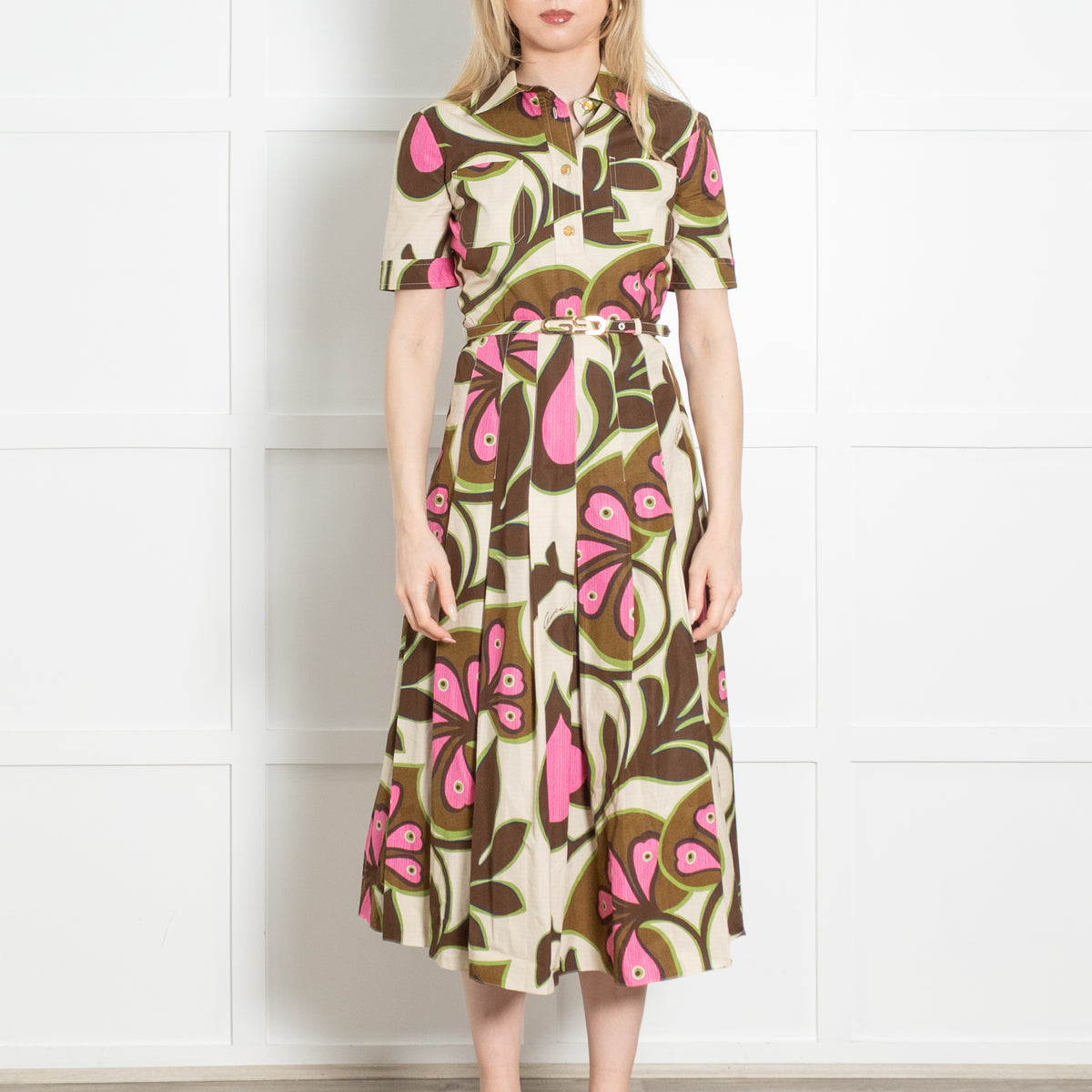 Gucci Light Beige Brown Pink Heart And Leaf Print Cotton Belted Dress