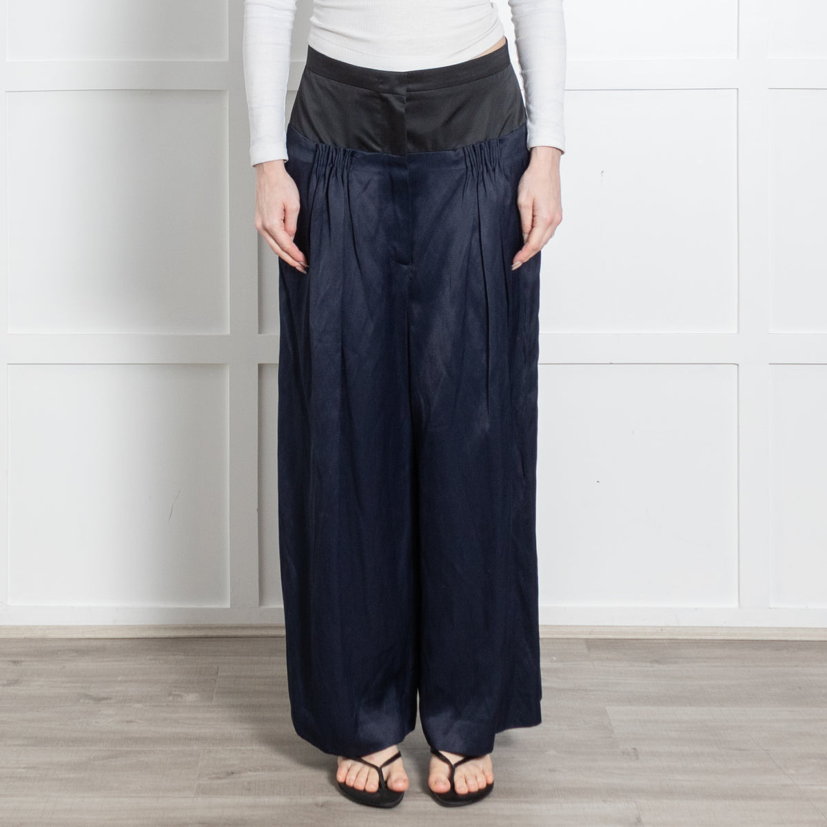 Sportmax Navy Blue Black Waist Band Pleat Detail Wide Trousers