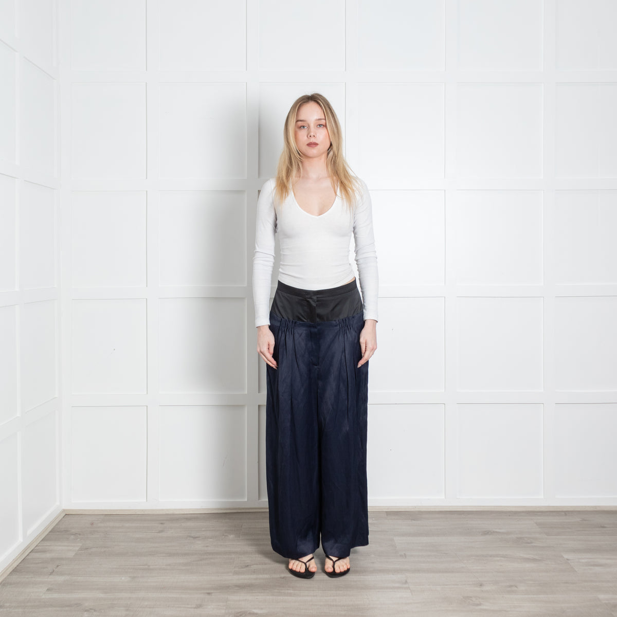 Sportmax Navy Blue Black Waist Band Pleat Detail Wide Trousers