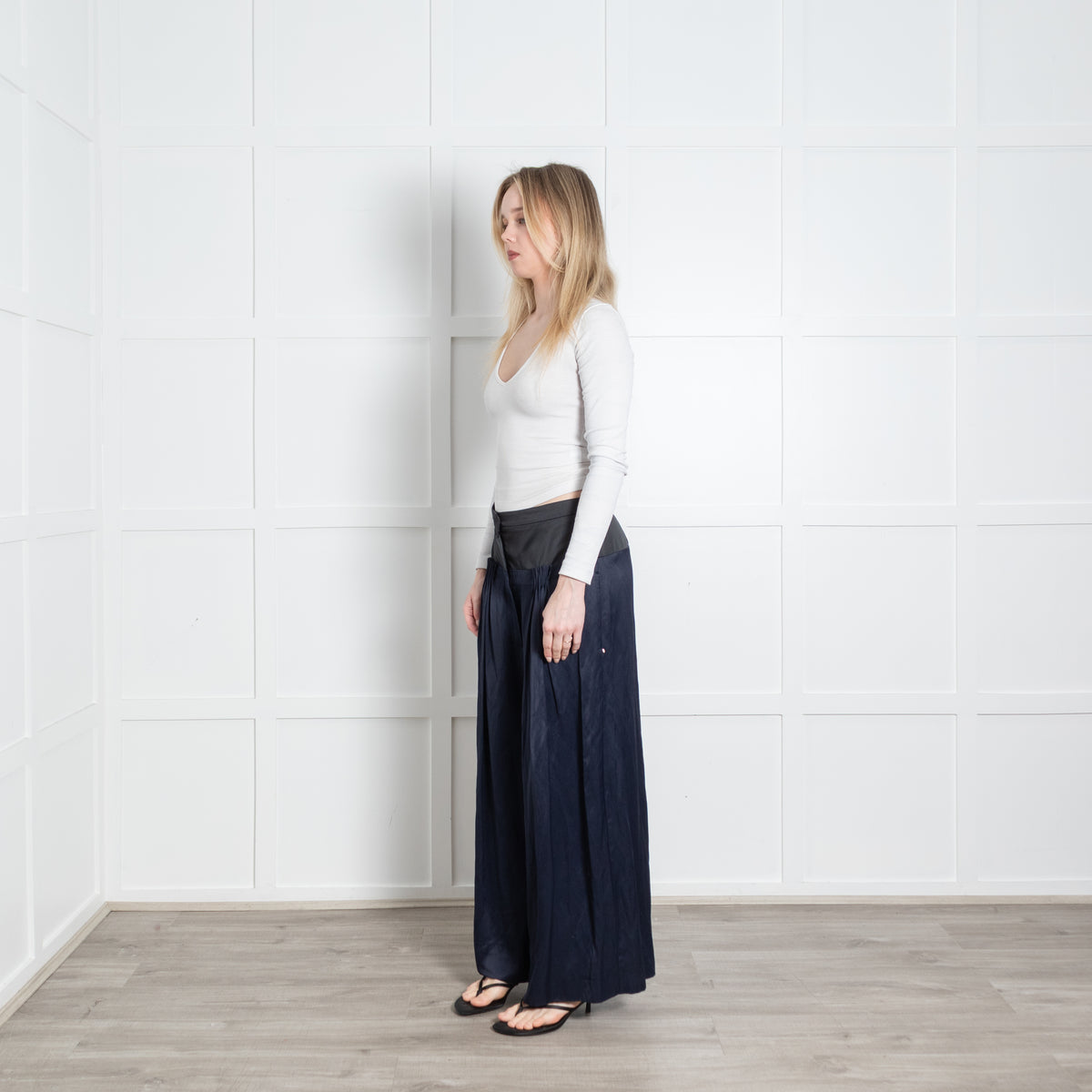 Sportmax Navy Blue Black Waist Band Pleat Detail Wide Trousers