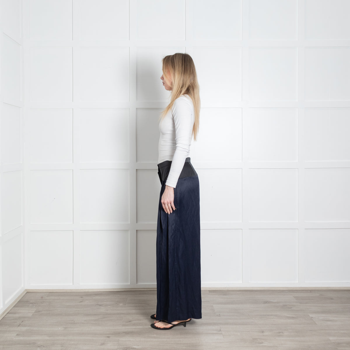 Sportmax Navy Blue Black Waist Band Pleat Detail Wide Trousers