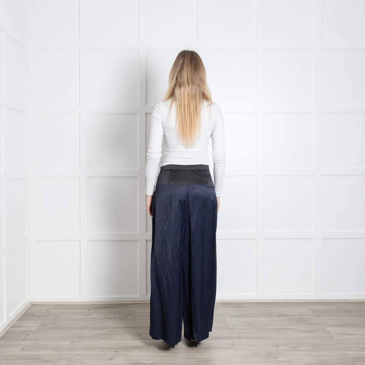 Sportmax Navy Blue Black Waist Band Pleat Detail Wide Trousers
