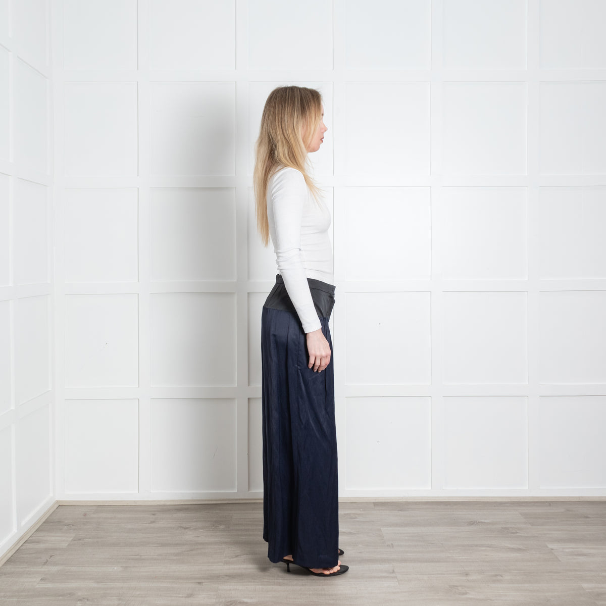 Sportmax Navy Blue Black Waist Band Pleat Detail Wide Trousers
