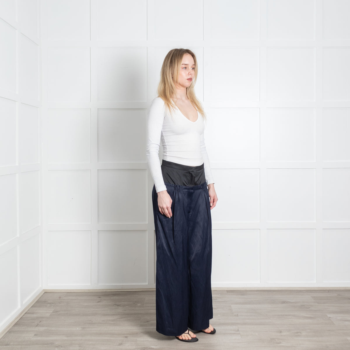Sportmax Navy Blue Black Waist Band Pleat Detail Wide Trousers