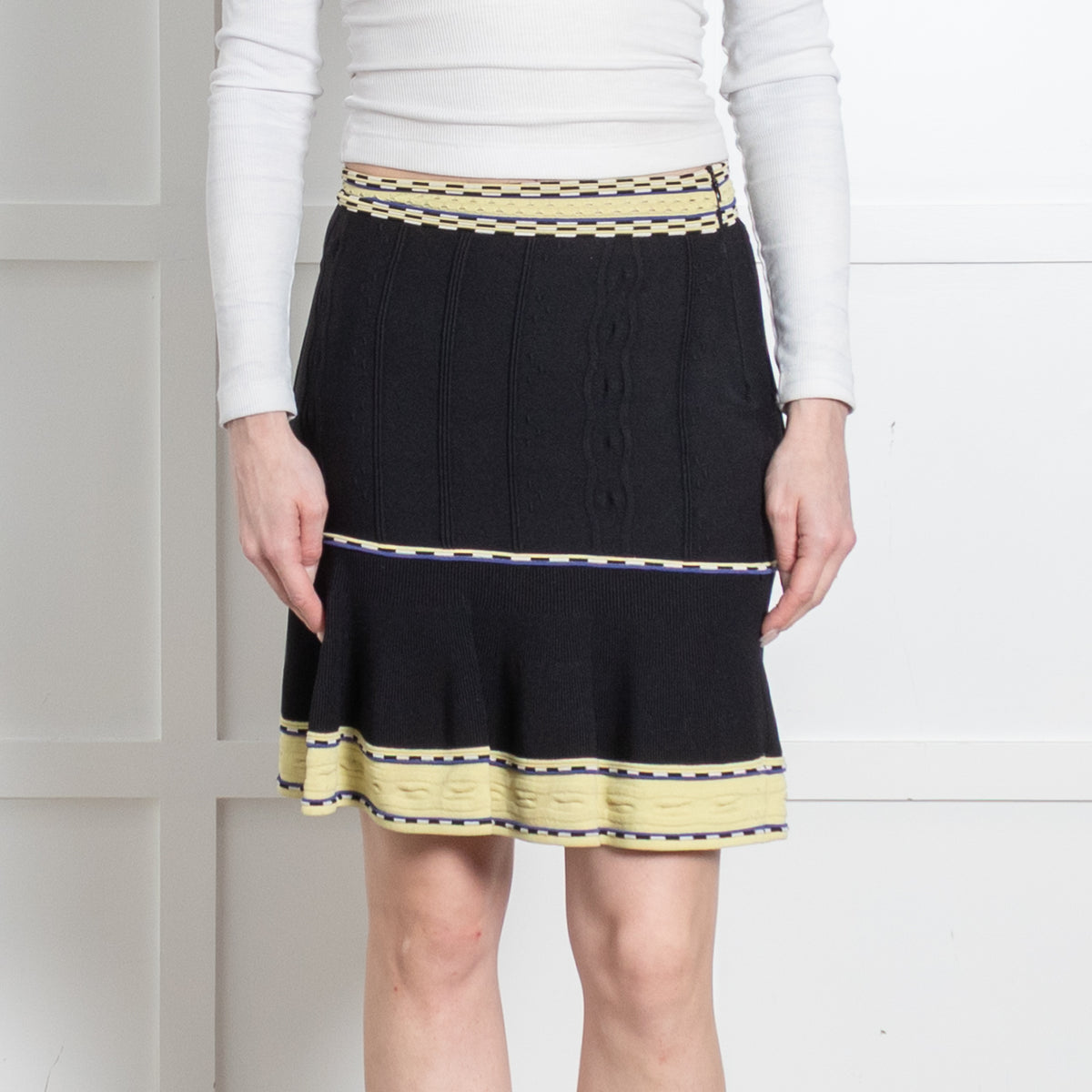 Sandro Black Yellow Trim Knit Stretchy Mini Skirt