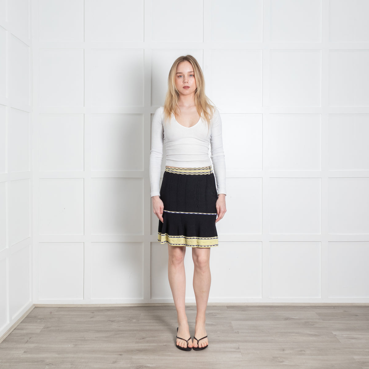 Sandro Black Yellow Trim Knit Stretchy Mini Skirt