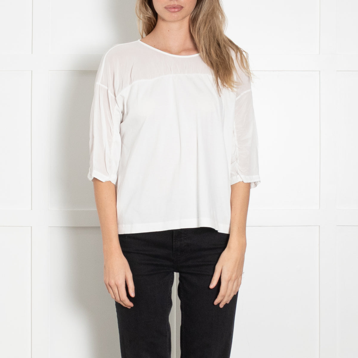 Transit White Stretch Crepe Back Button Blouse