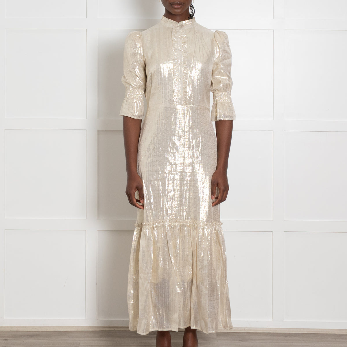 Wyse Gold Lurex Puff Sleeve Midi Dress