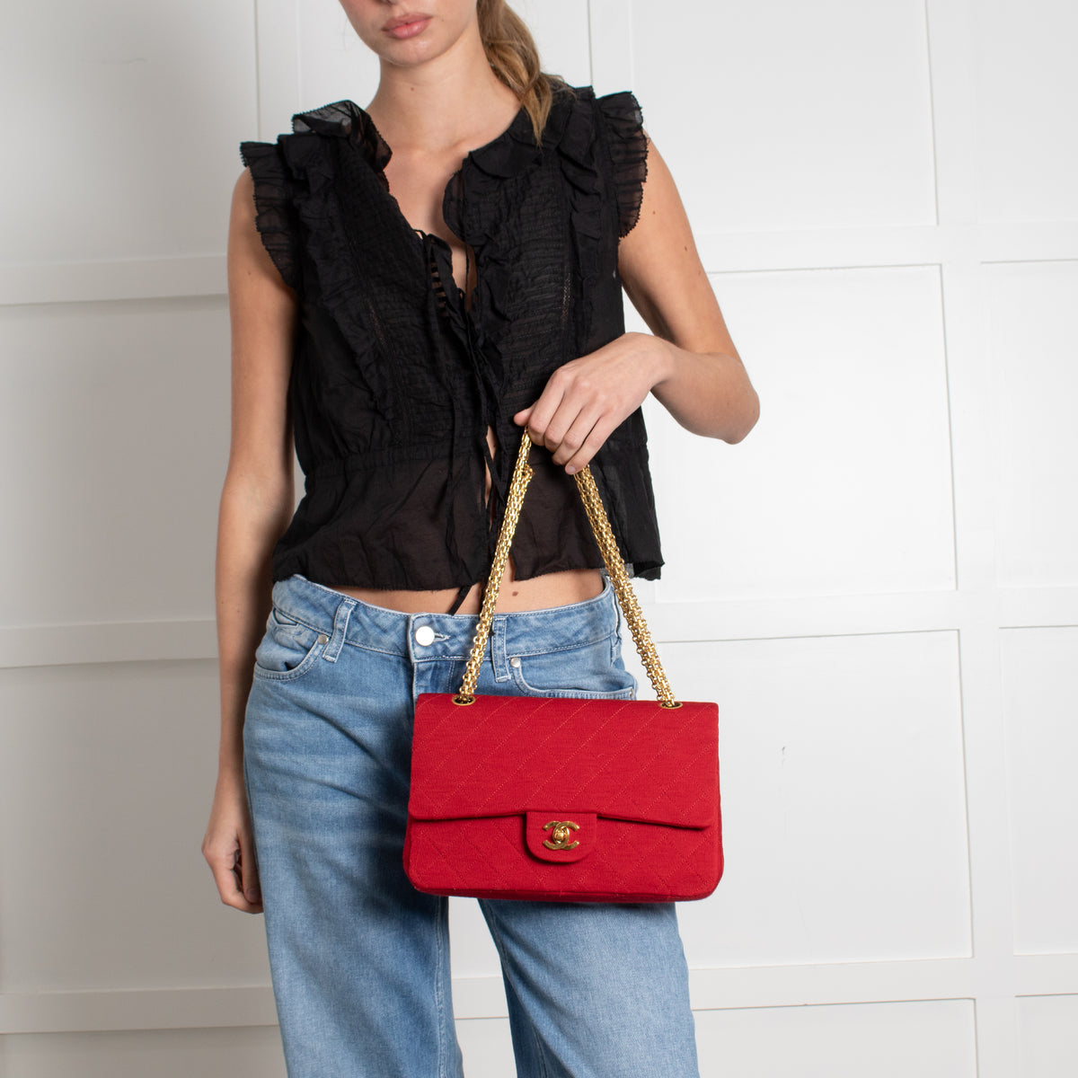 Chanel Red Jersey Quilted Medium Double Flap Handbag