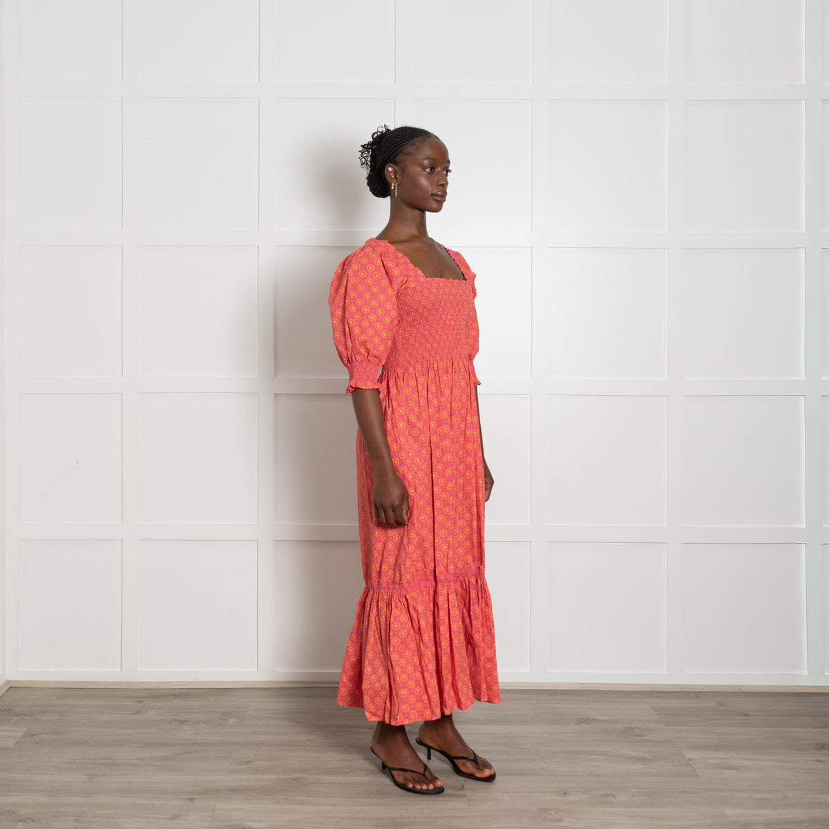 Wyse Pink and Orange Shirred Midi Dress