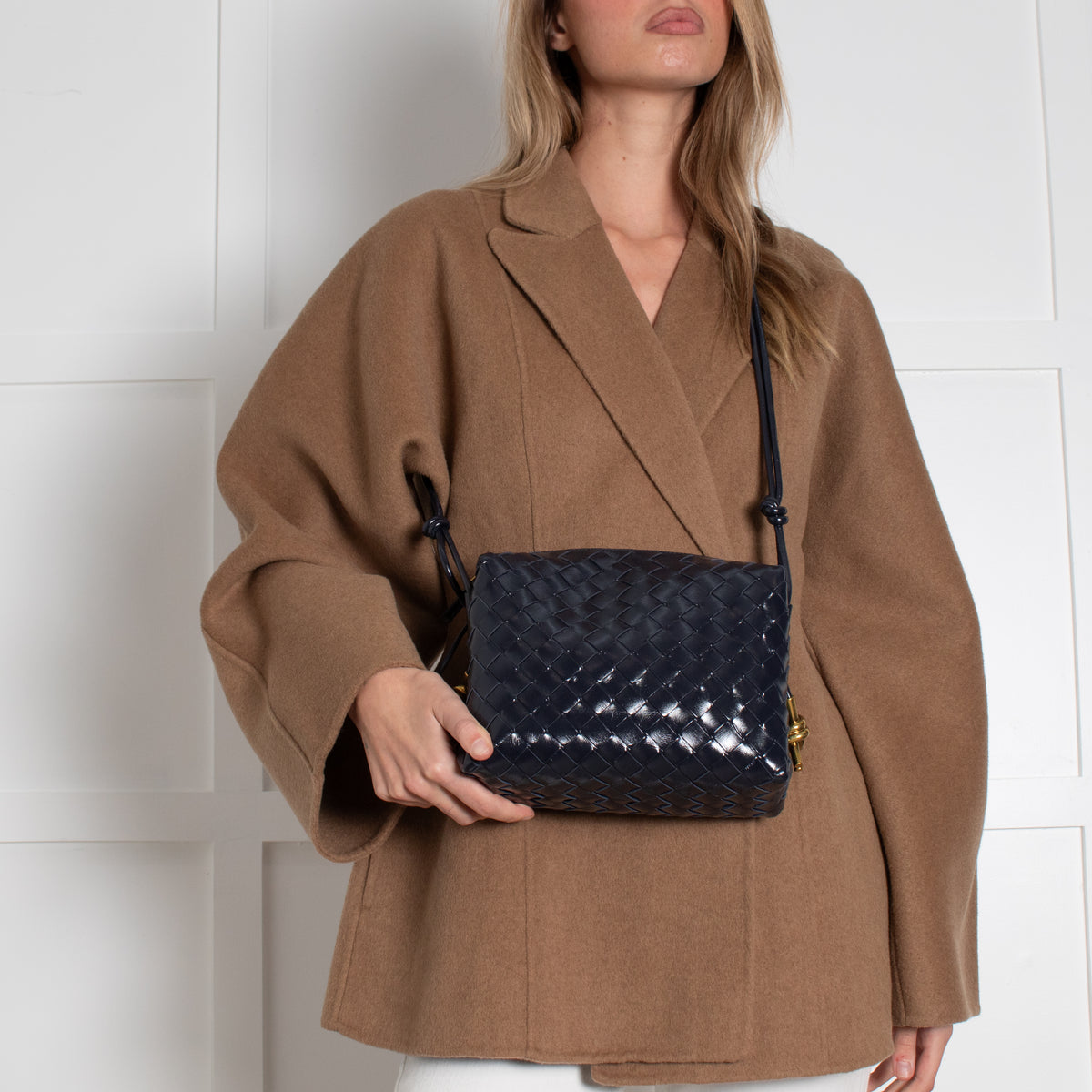 Bottega Veneta Navy Glossy Intrecciato Leather Loop Small Camera Bag