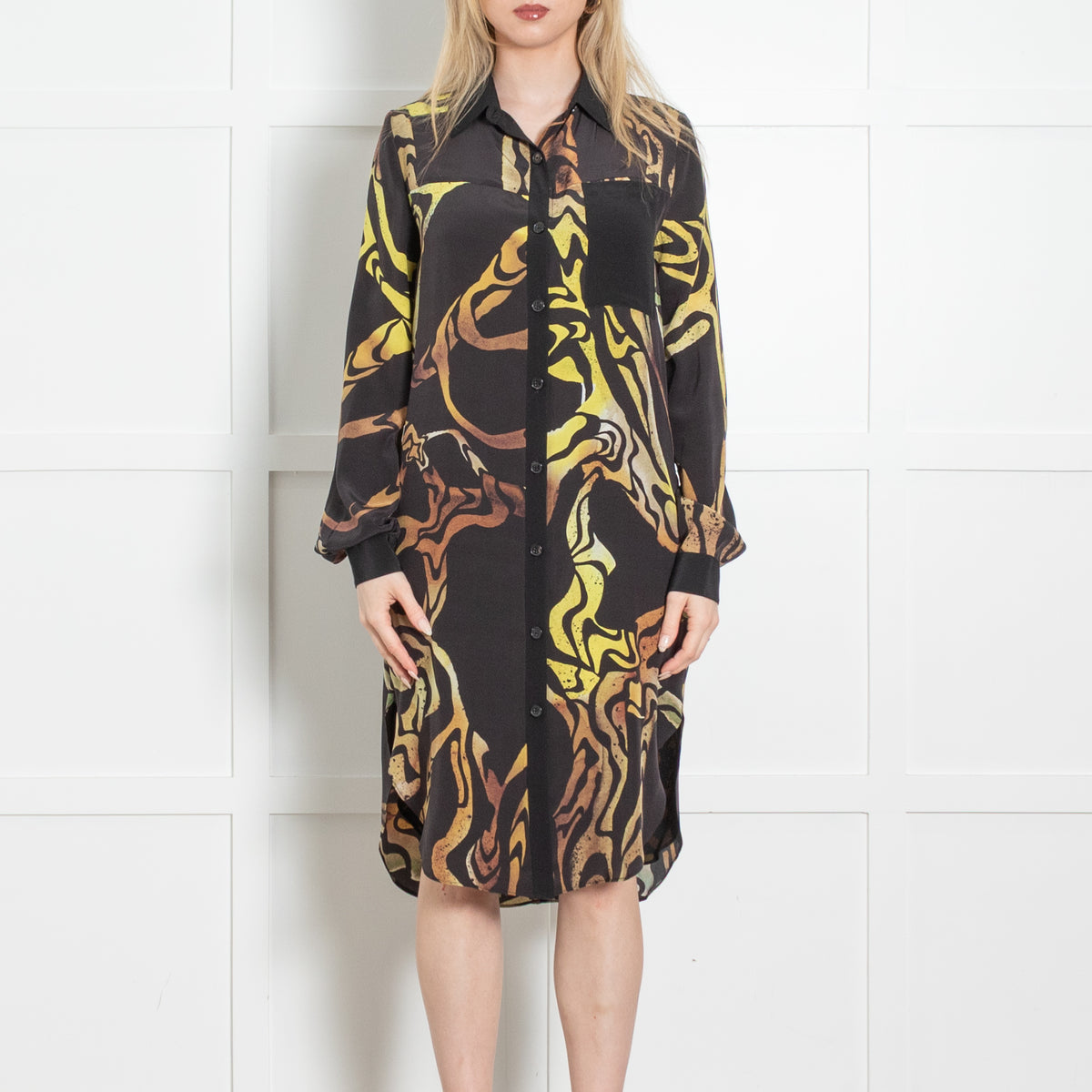 Proenza Schouler Brown Yellow Swirl Print Long Sleeve Shirt Dress