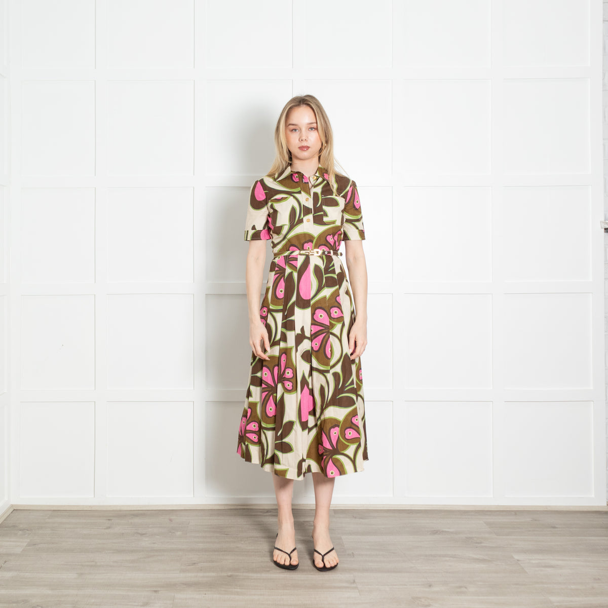 Gucci Light Beige Brown Pink Heart And Leaf Print Cotton Belted Dress