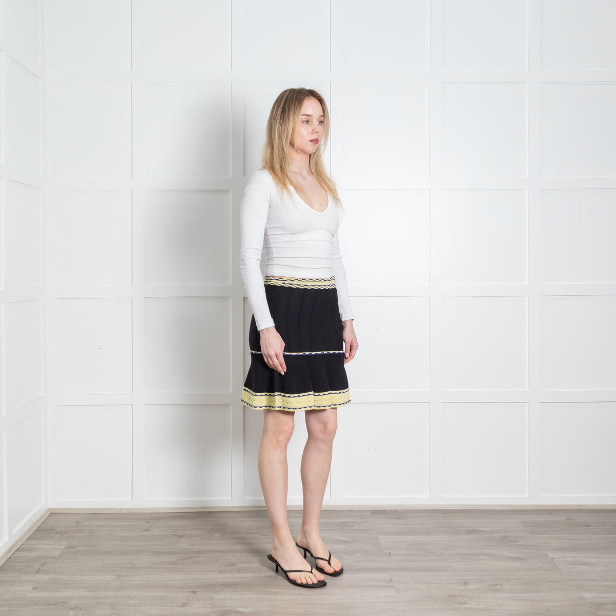 Sandro Black Yellow Trim Knit Stretchy Mini Skirt