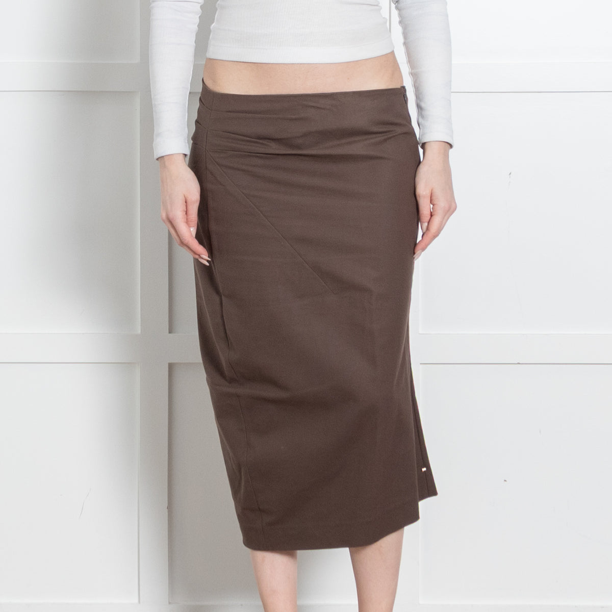 Sportmax Brown Cotton Front Seam Detail Midi Skirt