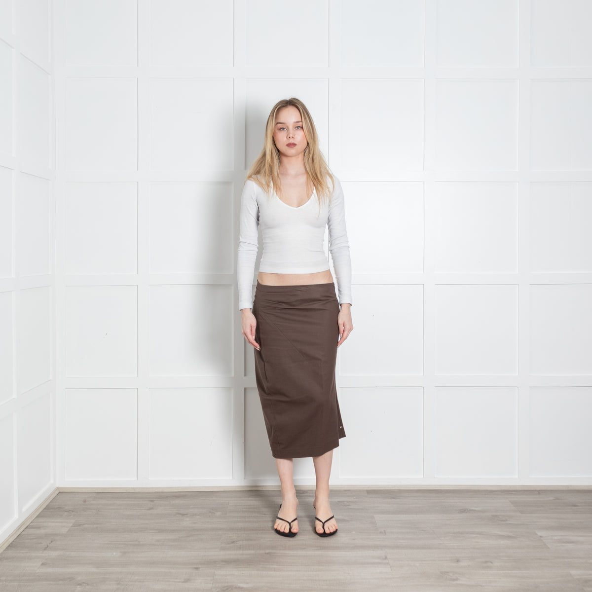Sportmax Brown Cotton Front Seam Detail Midi Skirt