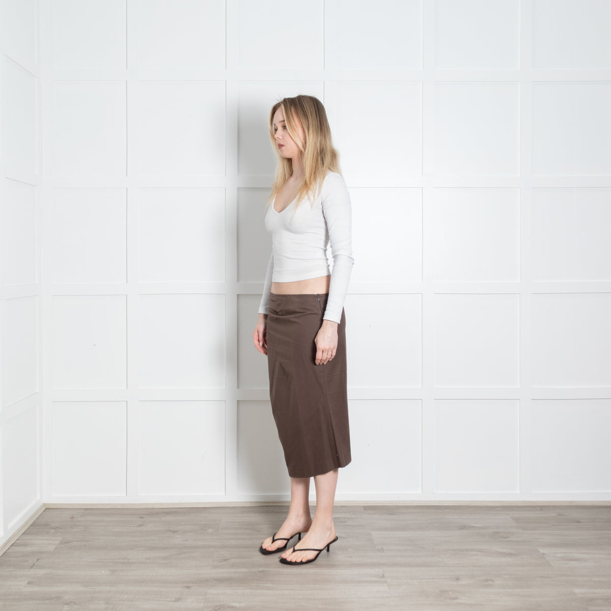Sportmax Brown Cotton Front Seam Detail Midi Skirt