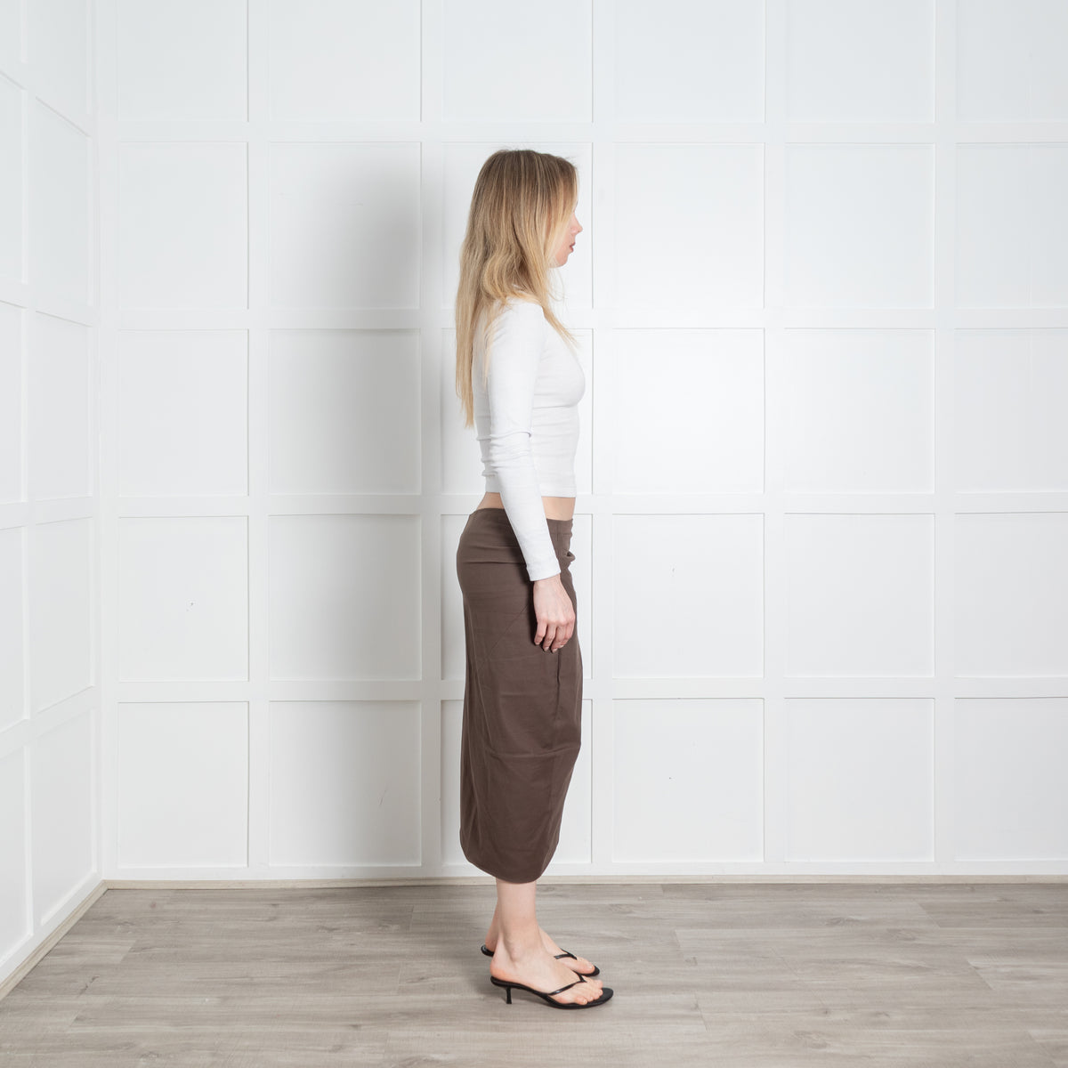 Sportmax Brown Cotton Front Seam Detail Midi Skirt