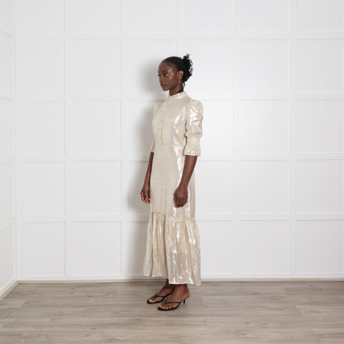 Wyse Gold Lurex Puff Sleeve Midi Dress