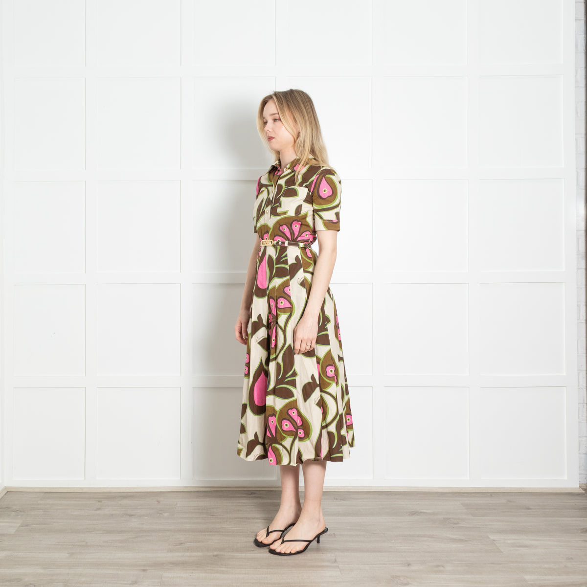 Gucci Light Beige Brown Pink Heart And Leaf Print Cotton Belted Dress