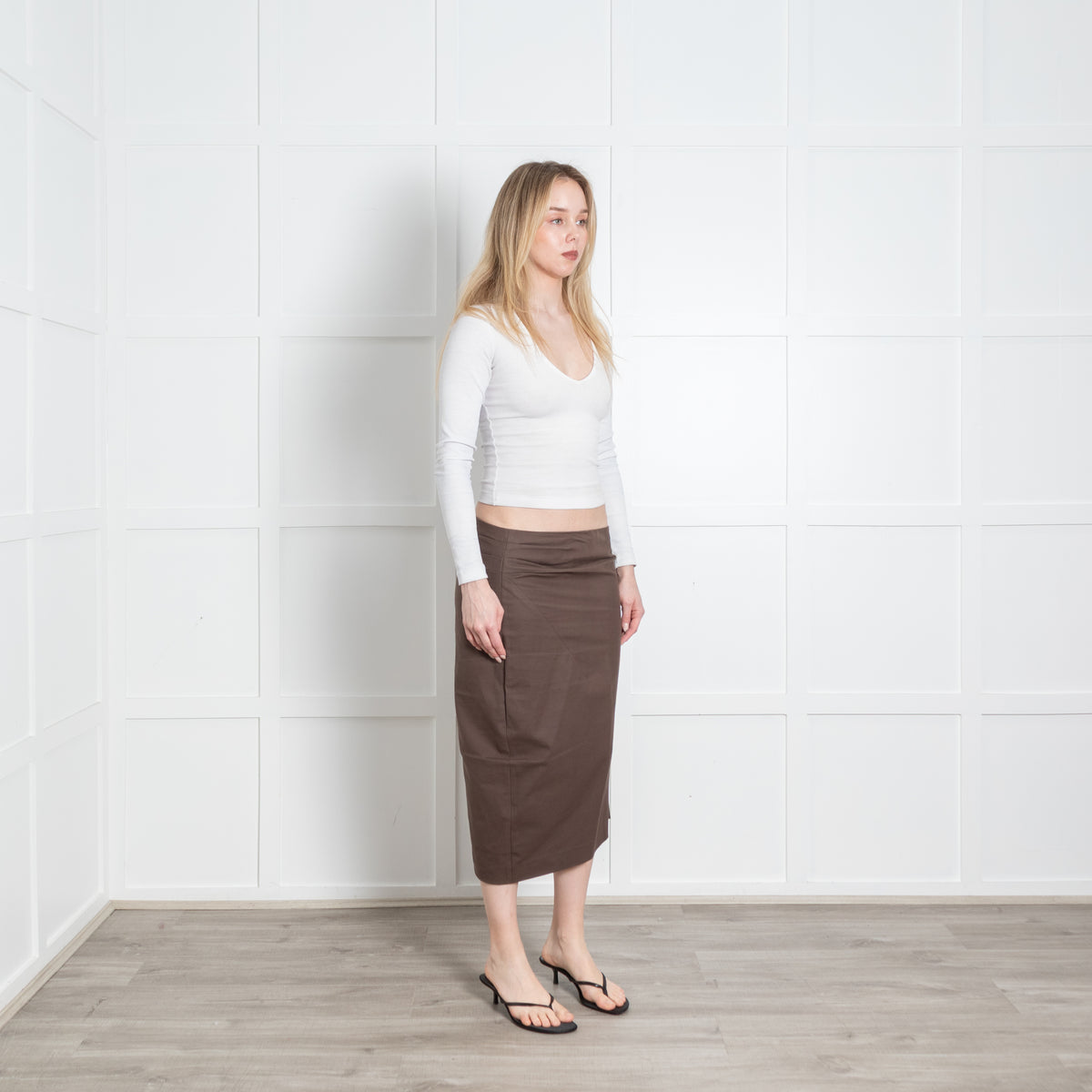 Sportmax Brown Cotton Front Seam Detail Midi Skirt