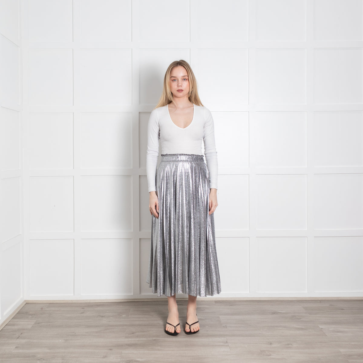 Weekend Max Mara Silver Pleated Midi Skirt