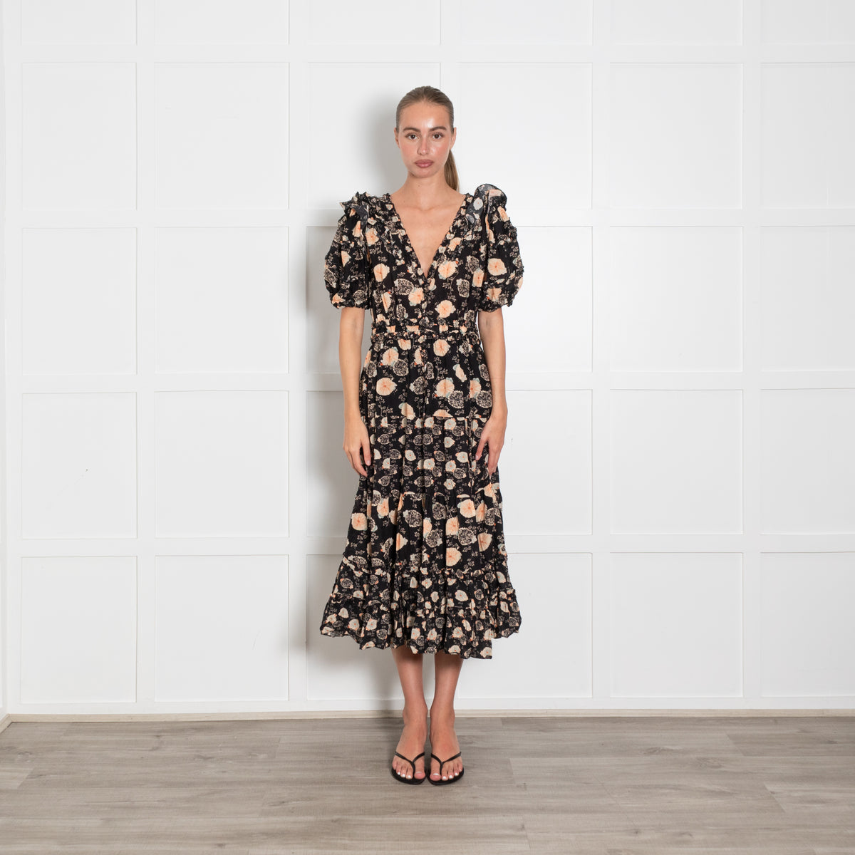 Ulla Johnson Irvette Black Floral Puff Sleeve Dress
