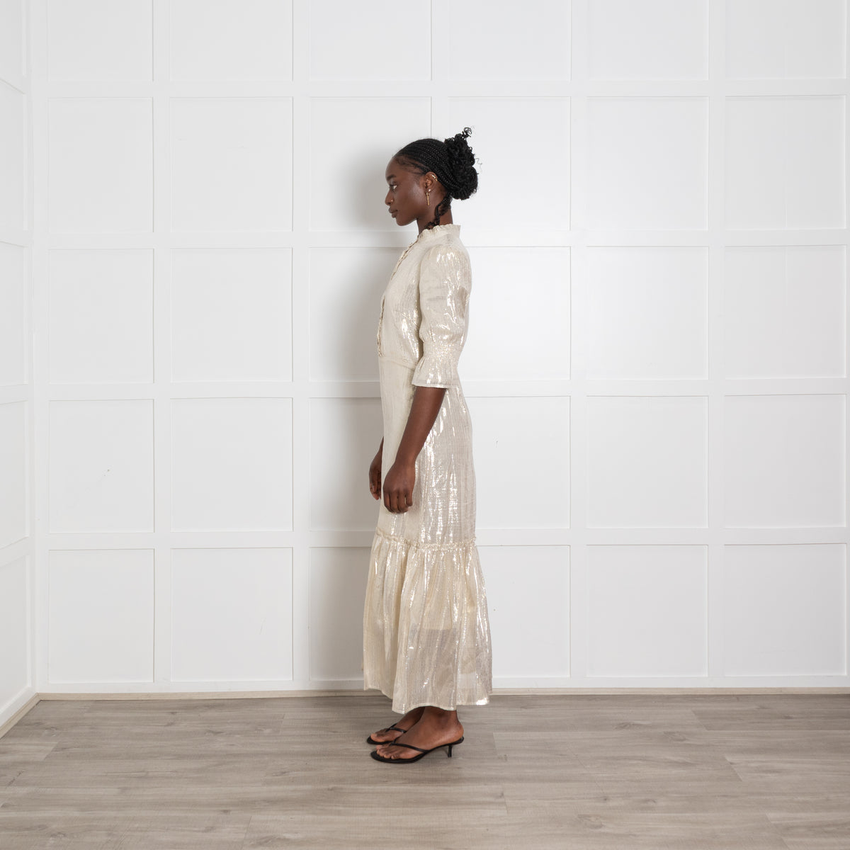 Wyse Gold Lurex Puff Sleeve Midi Dress