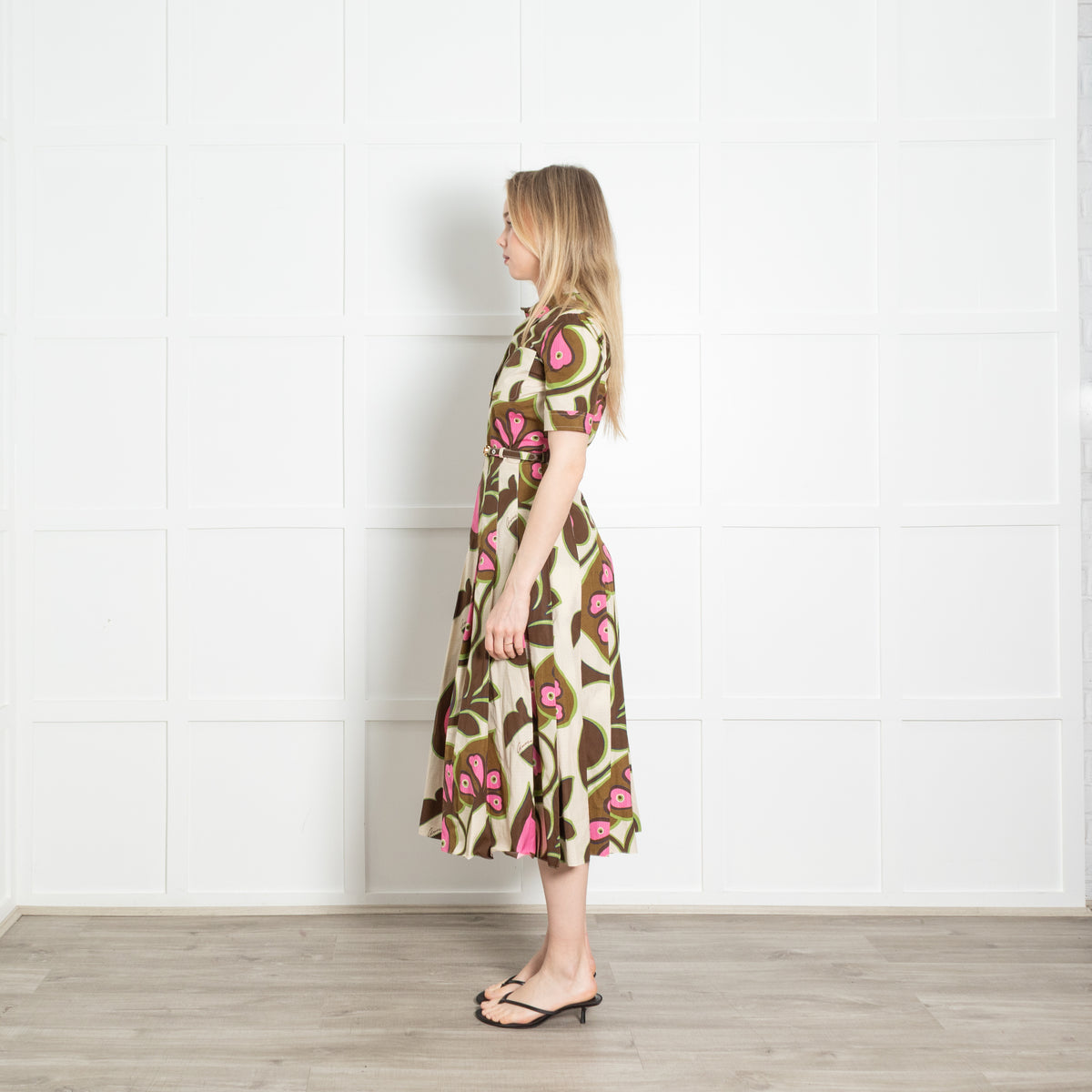 Gucci Light Beige Brown Pink Heart And Leaf Print Cotton Belted Dress