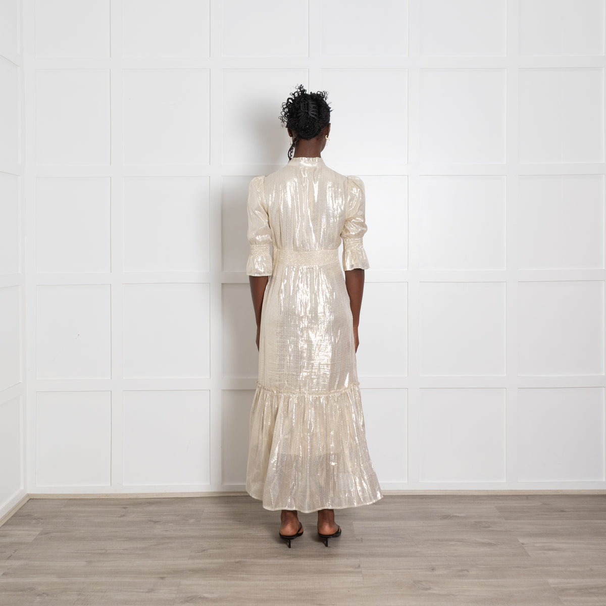 Wyse Gold Lurex Puff Sleeve Midi Dress