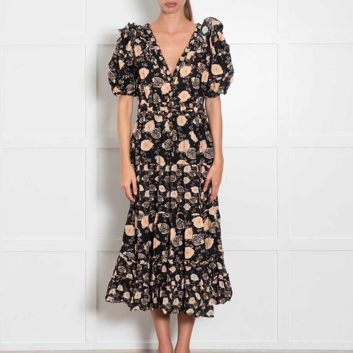 Ulla Johnson Irvette Black Floral Puff Sleeve Dress
