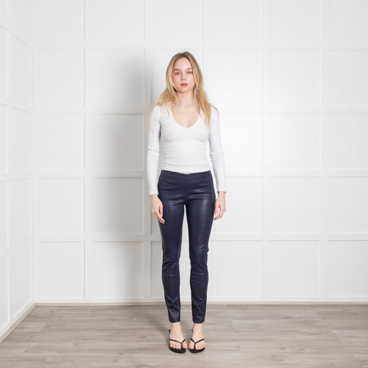 Joseph Navy Blue Leather Leggings