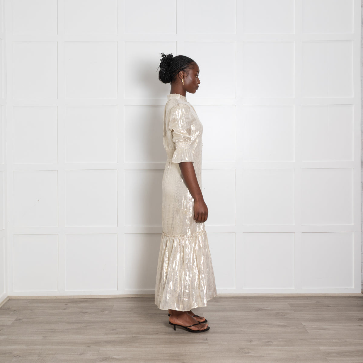 Wyse Gold Lurex Puff Sleeve Midi Dress
